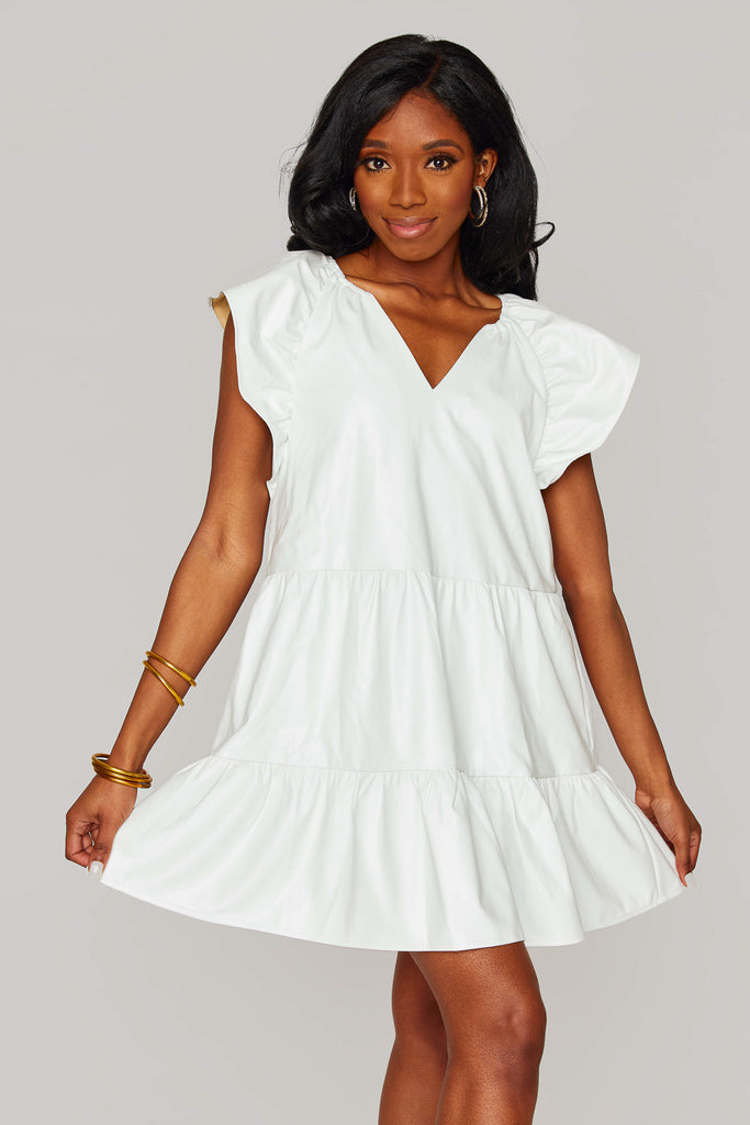 Select Sustainable Wearable Women's Apparel,Women, T-Shirts & Tops, Tank Tops - Clothing Shop OnlineRonnie Ruffle Sleeve Short Dress - White