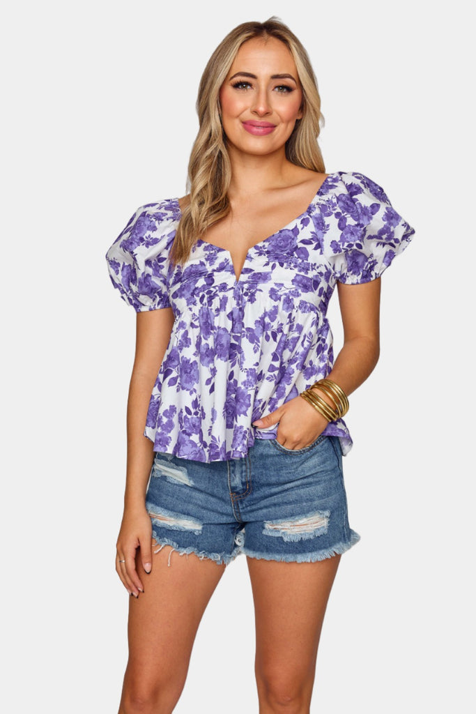 Select Sustainable Wearable Women's Apparel,Women, T-Shirts & Tops, Tank Tops - Clothing Shop OnlineHouston Puff Sleeve Top - Purple Floral