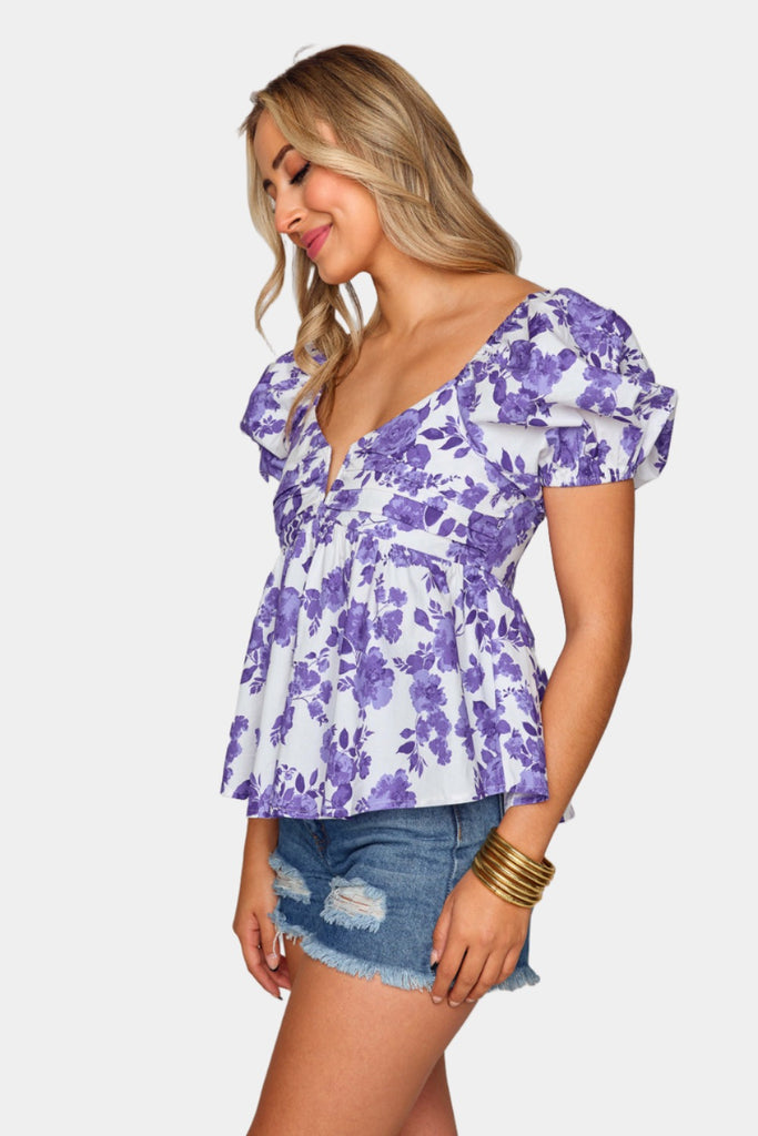 Select Sustainable Wearable Women's Apparel,Women, T-Shirts & Tops, Tank Tops - Clothing Shop OnlineHouston Puff Sleeve Top - Purple Floral