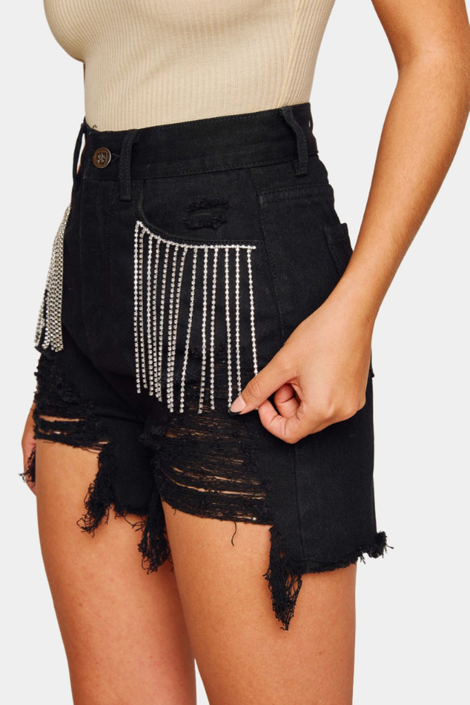 Select Sustainable Wearable Women's Apparel,Women, T-Shirts & Tops, Tank Tops - Clothing Shop OnlineElvis Crystal Fringe Denim Shorts - Black