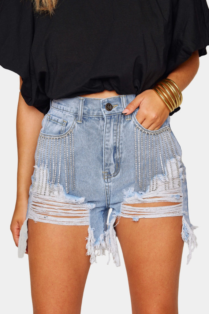 Select Sustainable Wearable Women's Apparel,Women, T-Shirts & Tops, Tank Tops - Clothing Shop OnlineElvis Crystal Fringe Denim Shorts - Light Wash