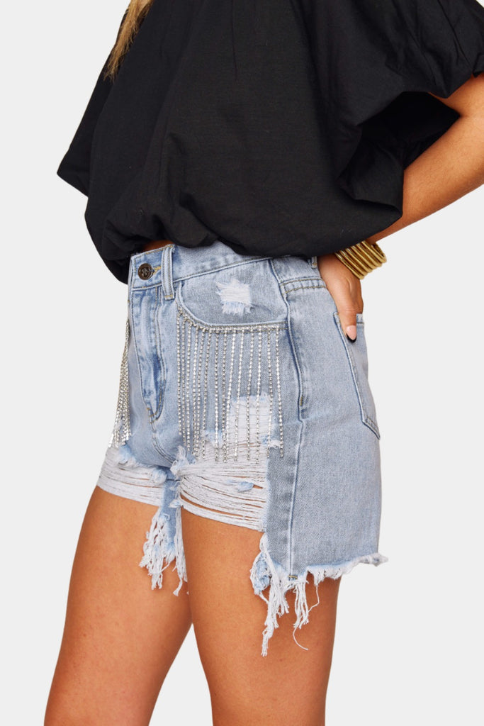 Select Sustainable Wearable Women's Apparel,Women, T-Shirts & Tops, Tank Tops - Clothing Shop OnlineElvis Crystal Fringe Denim Shorts - Light Wash