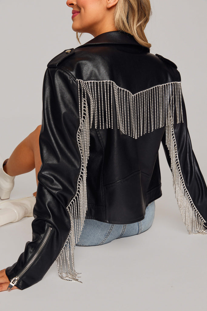 Select Sustainable Wearable Women's Apparel,Women, T-Shirts & Tops, Tank Tops - Clothing Shop OnlineRife Crystal Fringe Vegan Leather Jacket - Black