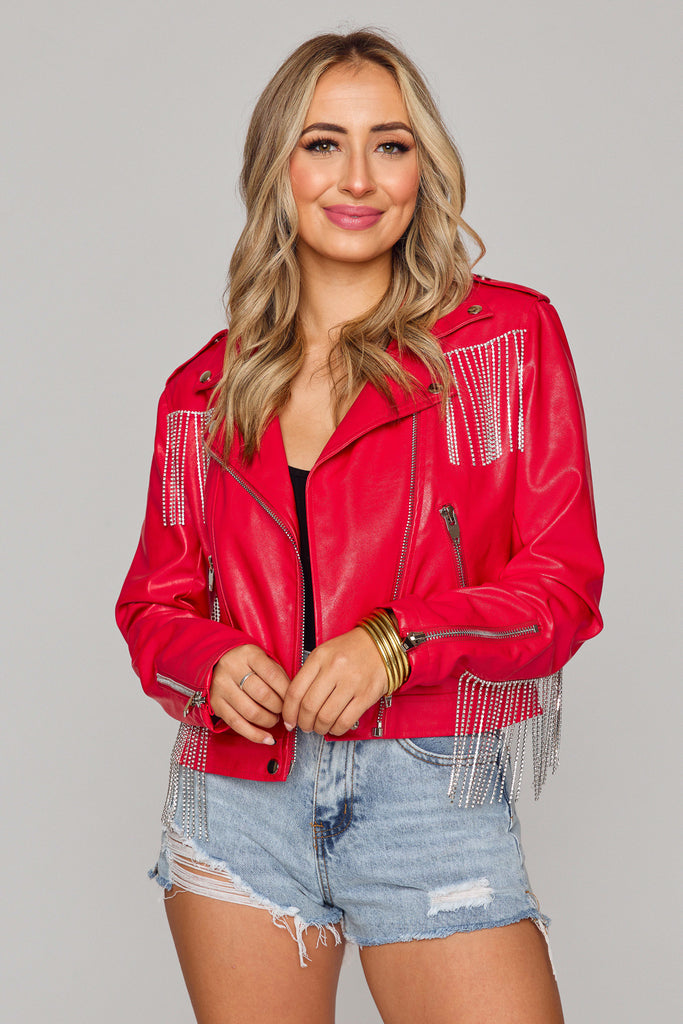 Select Sustainable Wearable Women's Apparel,Women, T-Shirts & Tops, Tank Tops - Clothing Shop OnlineRife Crystal Fringe Vegan Leather Jacket - Red
