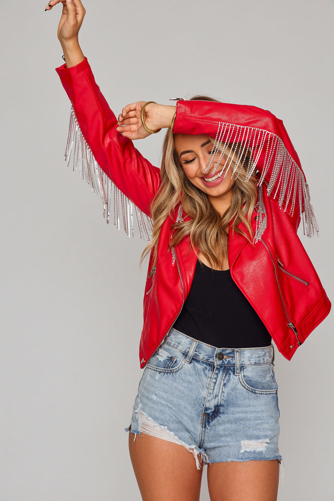 Select Sustainable Wearable Women's Apparel,Women, T-Shirts & Tops, Tank Tops - Clothing Shop OnlineRife Crystal Fringe Vegan Leather Jacket - Red