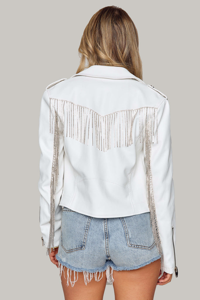 Select Sustainable Wearable Women's Apparel,Women, T-Shirts & Tops, Tank Tops - Clothing Shop OnlineRife Crystal Fringe Vegan Leather Jacket - White