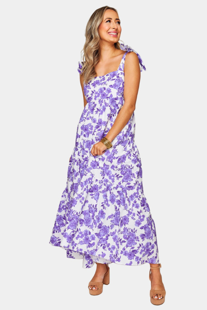 Select Sustainable Wearable Women's Apparel,Women, T-Shirts & Tops, Tank Tops - Clothing Shop OnlineArlene Tie-Shoulder Maxi Dress - Purple Floral