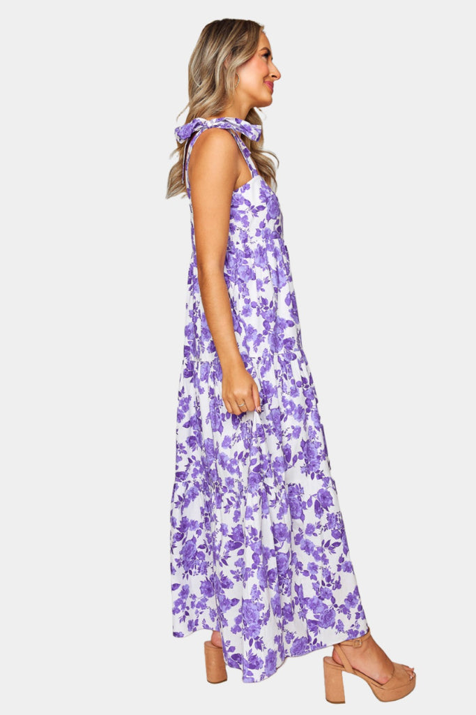 Select Sustainable Wearable Women's Apparel,Women, T-Shirts & Tops, Tank Tops - Clothing Shop OnlineArlene Tie-Shoulder Maxi Dress - Purple Floral