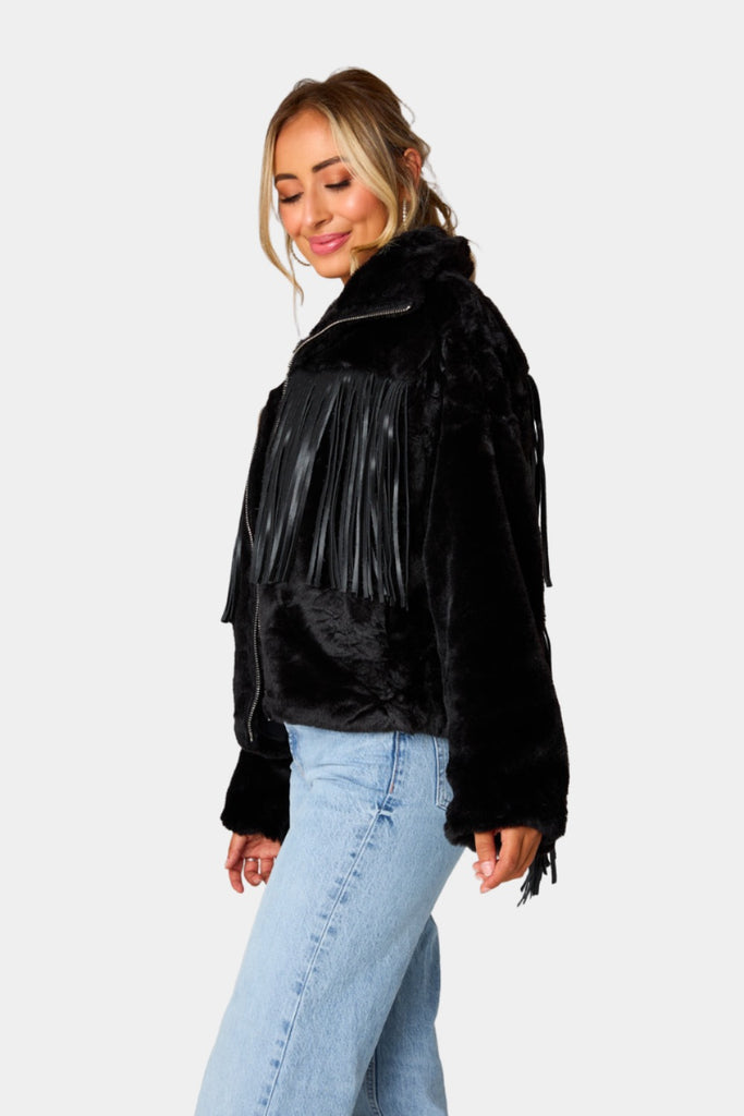 Select Sustainable Wearable Women's Apparel,Women, T-Shirts & Tops, Tank Tops - Clothing Shop OnlineSkylar Fringe Faux Fur Jacket - Black