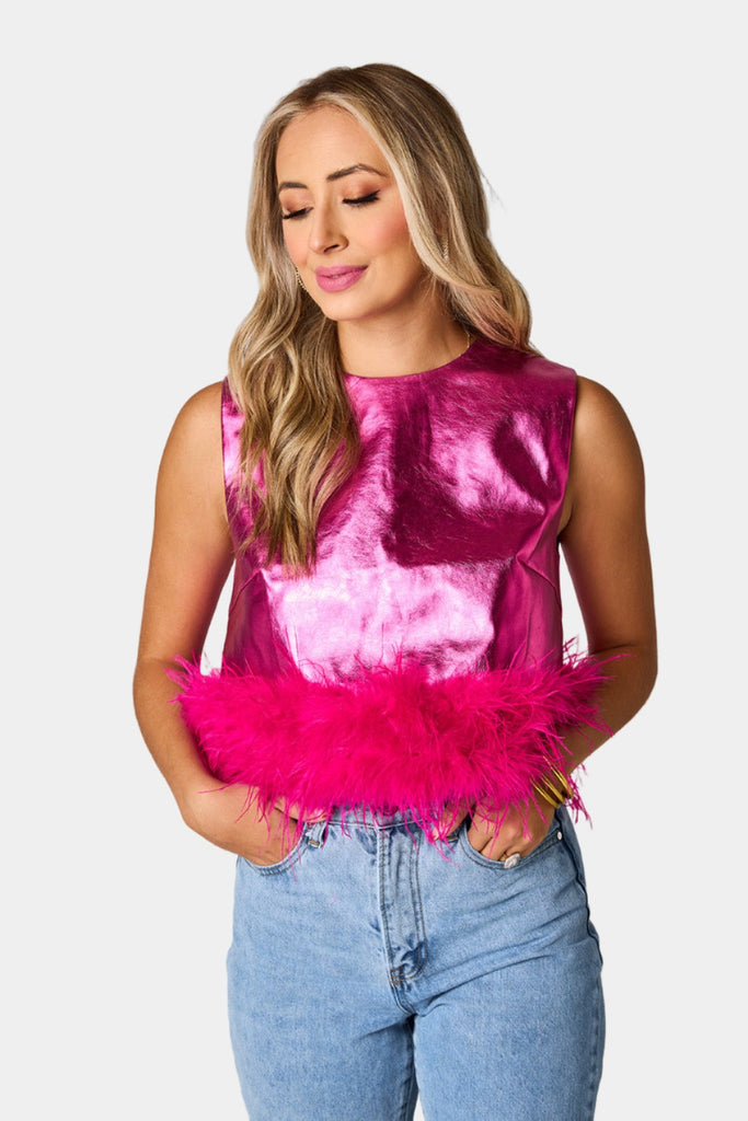 Select Sustainable Wearable Women's Apparel,Women, T-Shirts & Tops, Tank Tops - Clothing Shop OnlineQueenie Metallic Feather Trim Top - Cotton Candy