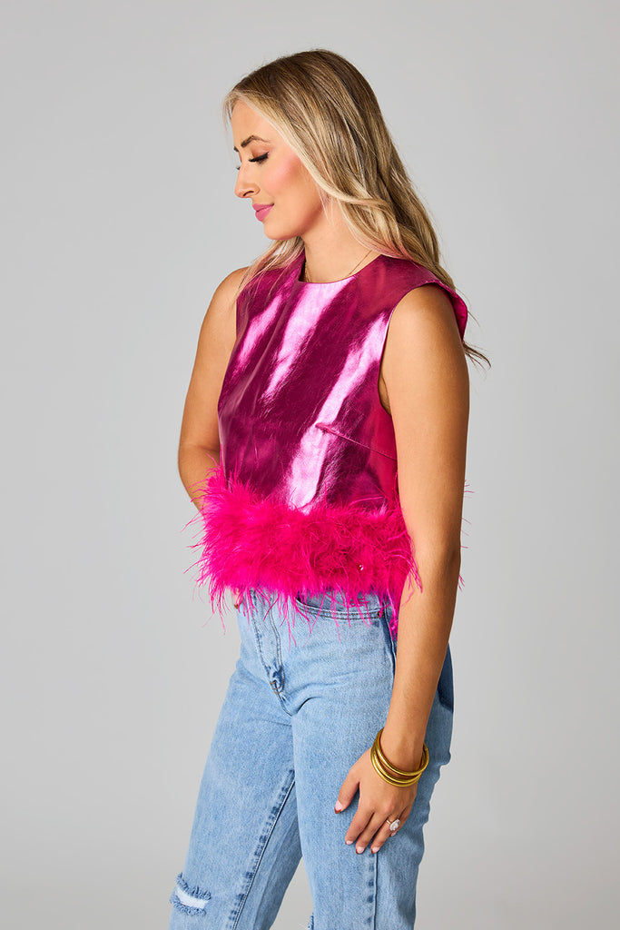 Select Sustainable Wearable Women's Apparel,Women, T-Shirts & Tops, Tank Tops - Clothing Shop OnlineQueenie Metallic Feather Trim Top - Cotton Candy