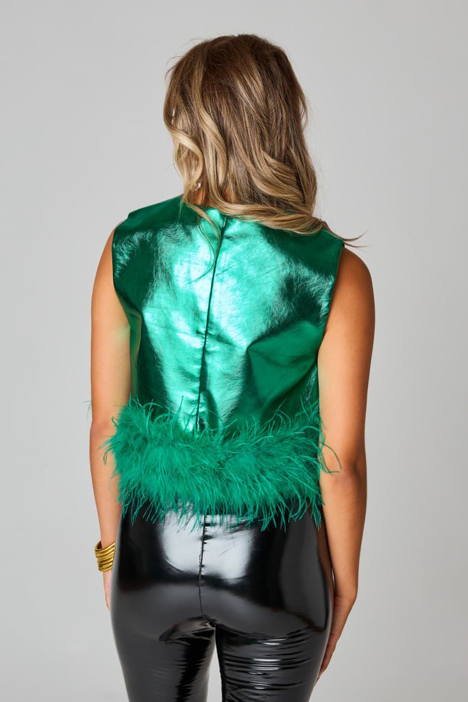 Select Sustainable Wearable Women's Apparel,Women, T-Shirts & Tops, Tank Tops - Clothing Shop OnlineQueenie Metallic Feather Trim Top - Emerald