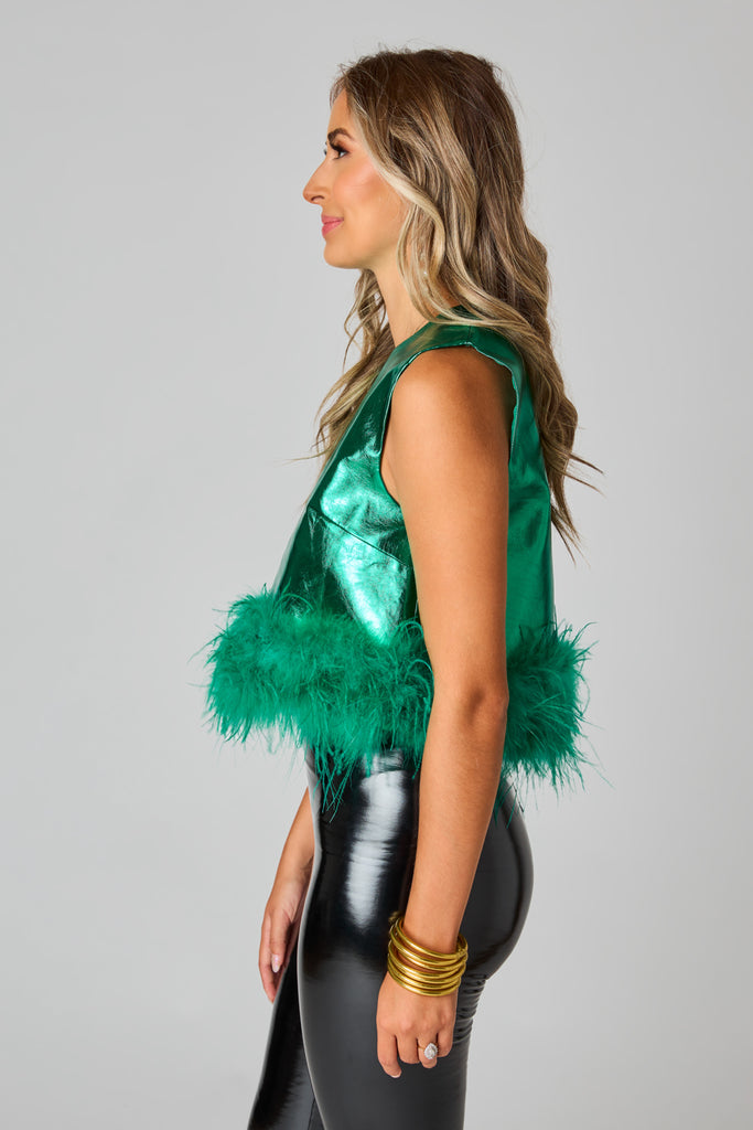 Select Sustainable Wearable Women's Apparel,Women, T-Shirts & Tops, Tank Tops - Clothing Shop OnlineQueenie Metallic Feather Trim Top - Emerald