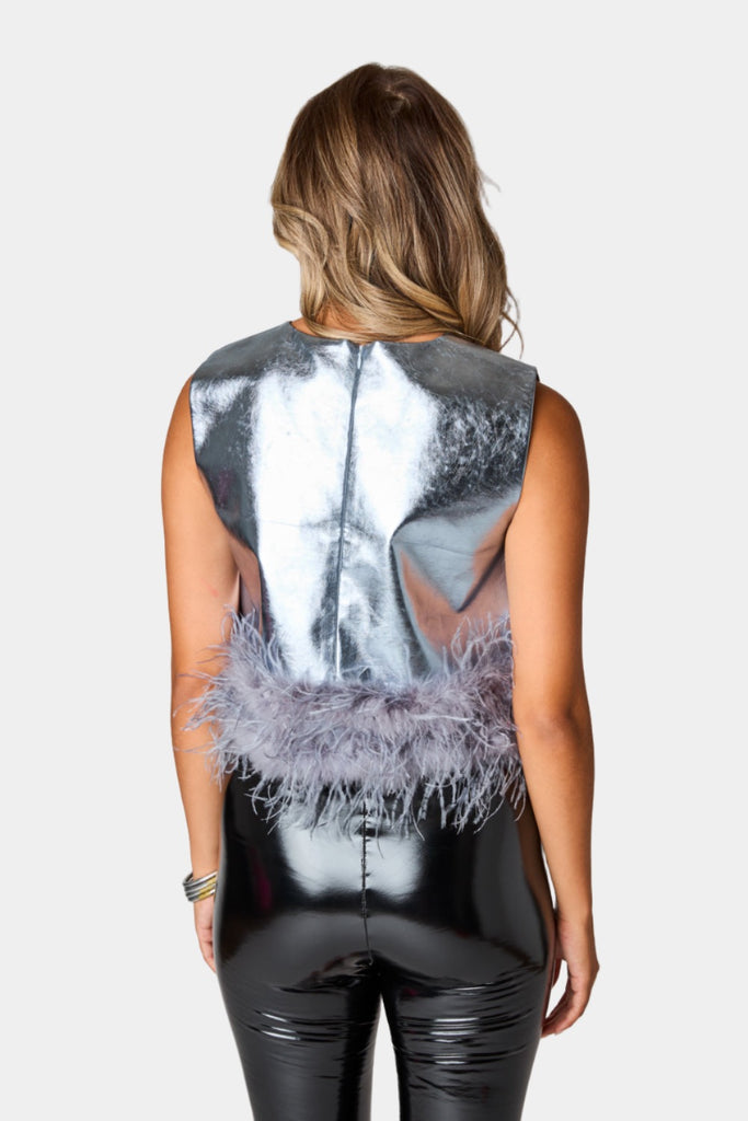 Select Sustainable Wearable Women's Apparel,Women, T-Shirts & Tops, Tank Tops - Clothing Shop OnlineQueenie Metallic Feather Trim Top - Silver