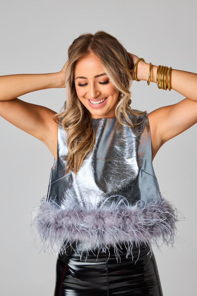 Select Sustainable Wearable Women's Apparel,Women, T-Shirts & Tops, Tank Tops - Clothing Shop OnlineQueenie Metallic Feather Trim Top - Silver