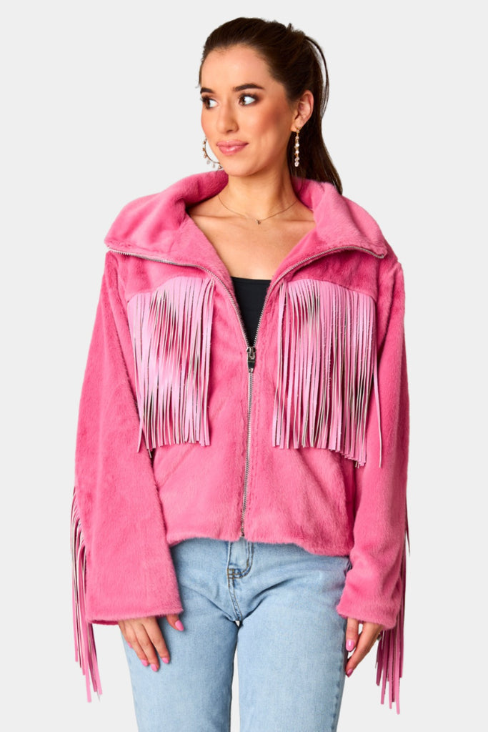 Select Sustainable Wearable Women's Apparel,Women, T-Shirts & Tops, Tank Tops - Clothing Shop OnlineSkylar Fringe Faux Fur Jacket - Hot Pink