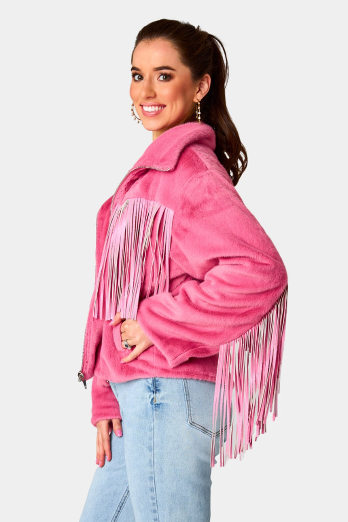 Select Sustainable Wearable Women's Apparel,Women, T-Shirts & Tops, Tank Tops - Clothing Shop OnlineSkylar Fringe Faux Fur Jacket - Hot Pink