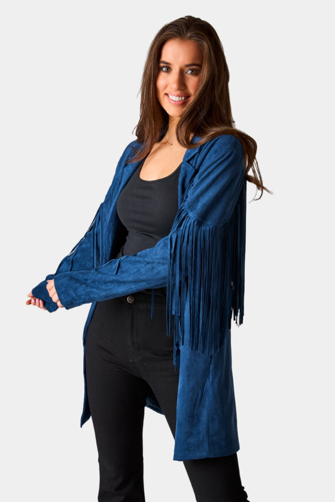 Select Sustainable Wearable Women's Apparel,Women, T-Shirts & Tops, Tank Tops - Clothing Shop OnlineDutton Fringe Suede Jacket - Navy