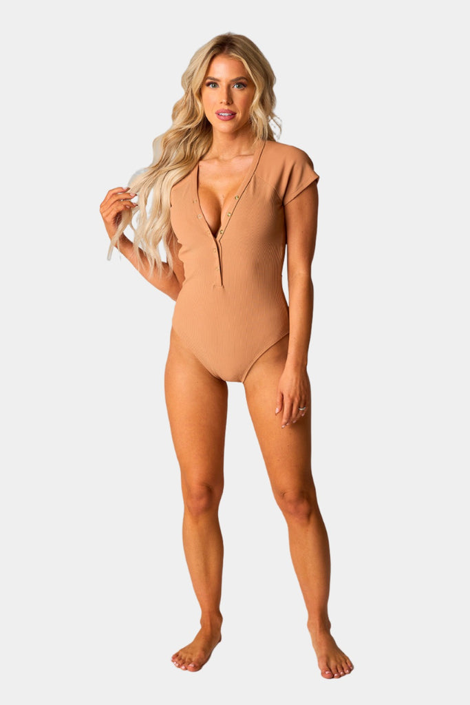 Select Sustainable Wearable Women's Apparel,Women, T-Shirts & Tops, Tank Tops - Clothing Shop OnlineMona Short Sleeve One-Piece Swimsuit - Sand