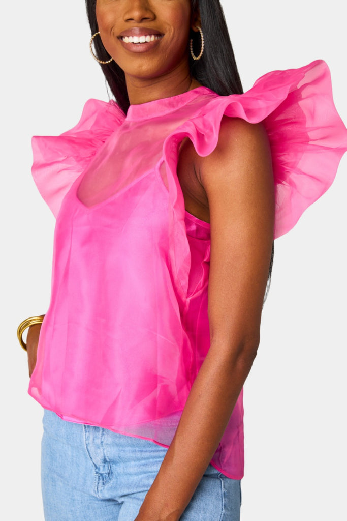 Select Sustainable Wearable Women's Apparel,Women, T-Shirts & Tops, Tank Tops - Clothing Shop OnlineKaycee Organza Ruffle Sleeve Top - Hot Pink