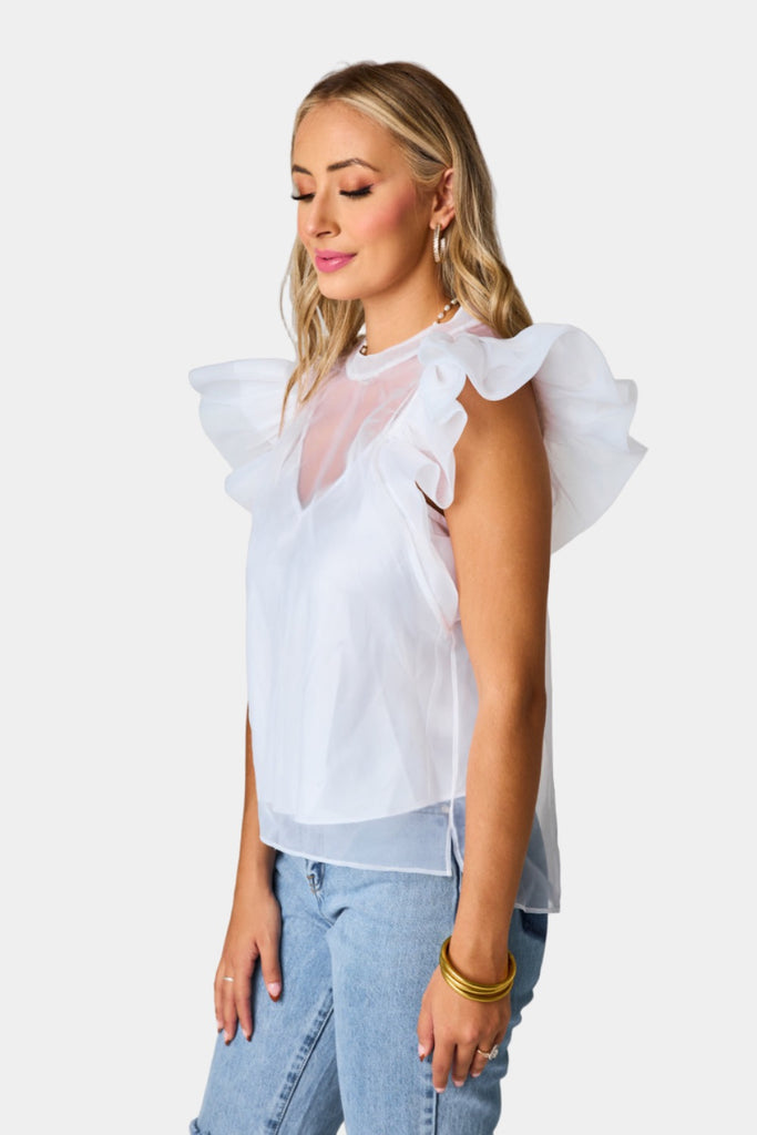 Select Sustainable Wearable Women's Apparel,Women, T-Shirts & Tops, Tank Tops - Clothing Shop OnlineKaycee Organza Ruffle Sleeve Top - White