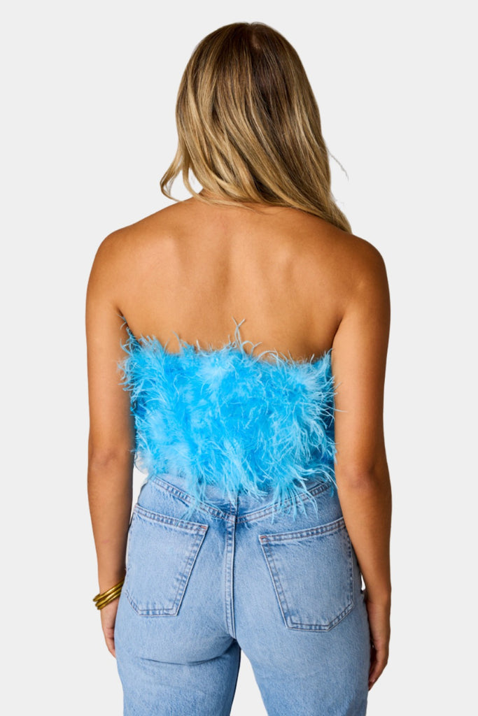 Select Sustainable Wearable Women's Apparel,Women, T-Shirts & Tops, Tank Tops - Clothing Shop OnlineFancy Strapless Feather Crop Top - Azure Blue