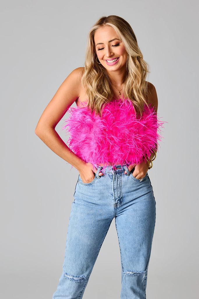 Select Sustainable Wearable Women's Apparel,Women, T-Shirts & Tops, Tank Tops - Clothing Shop OnlineFancy Strapless Feather Crop Top - Hot Pink