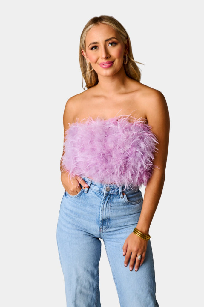 Select Sustainable Wearable Women's Apparel,Women, T-Shirts & Tops, Tank Tops - Clothing Shop OnlineFancy Strapless Feather Crop Top - Lavender