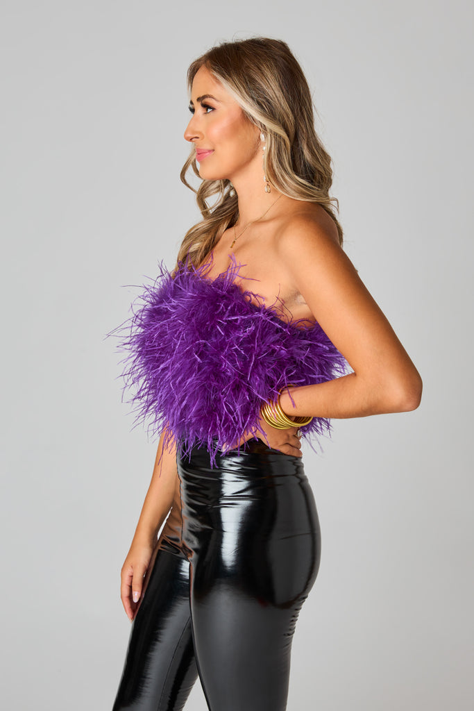 Select Sustainable Wearable Women's Apparel,Women, T-Shirts & Tops, Tank Tops - Clothing Shop OnlineFancy Strapless Feather Crop Top - Purple 