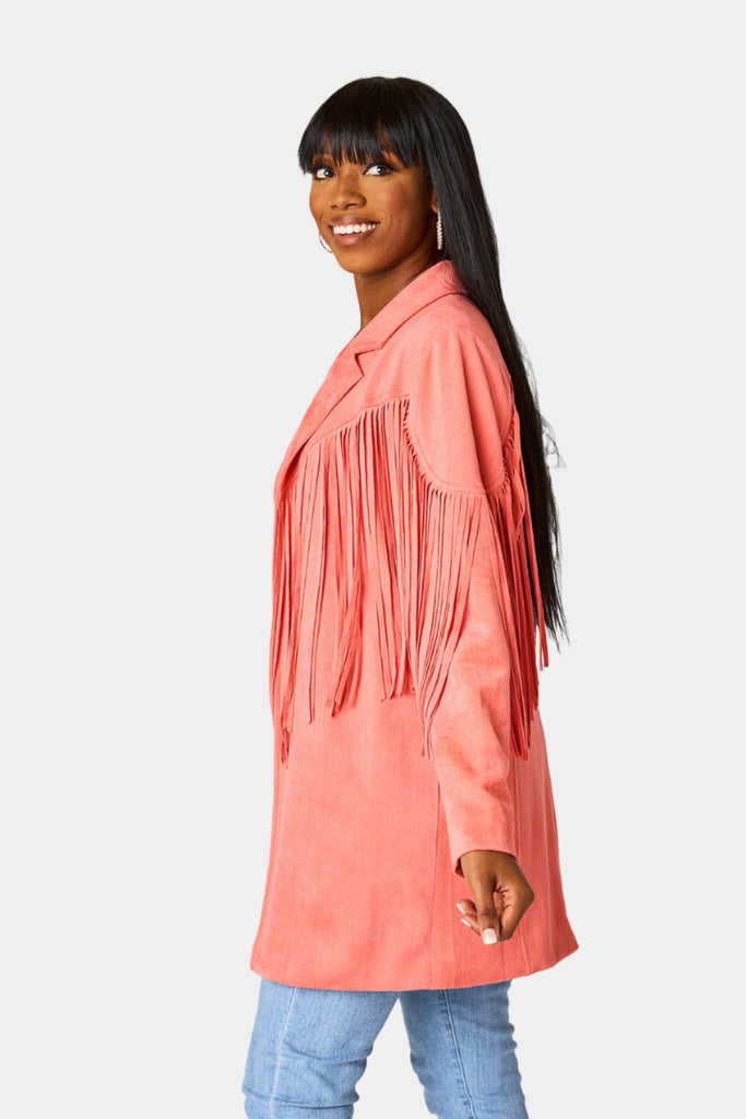 Select Sustainable Wearable Women's Apparel,Women, T-Shirts & Tops, Tank Tops - Clothing Shop OnlineDutton Fringe Suede Jacket - Coral