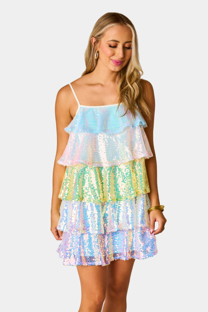 Select Sustainable Wearable Women's Apparel,Women, T-Shirts & Tops, Tank Tops - Clothing Shop OnlineDisco Tiered Sequin Short Dress - Rainbow