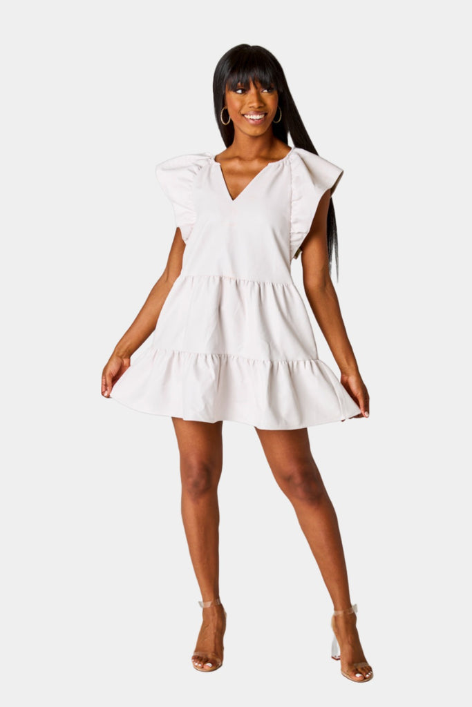 Select Sustainable Wearable Women's Apparel,Women, T-Shirts & Tops, Tank Tops - Clothing Shop OnlineRonnie Ruffle Sleeve Short Dress - Powder