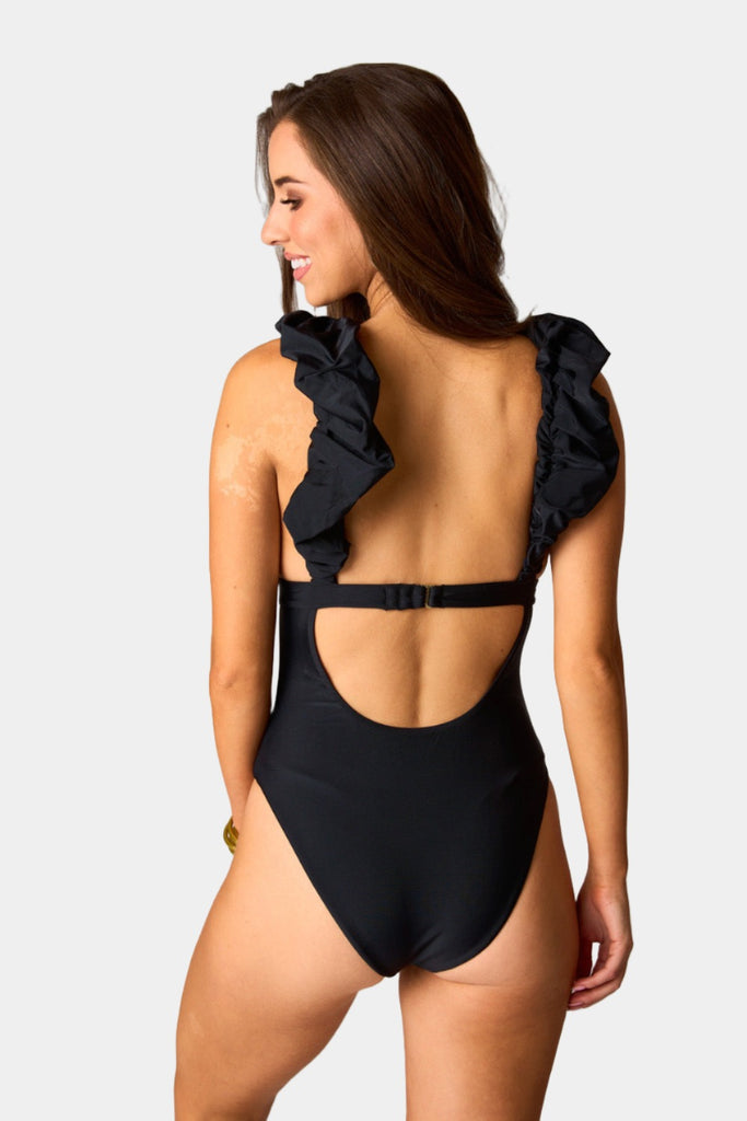 Select Sustainable Wearable Women's Apparel,Women, T-Shirts & Tops, Tank Tops - Clothing Shop OnlineLala Ruffle Shoulder One-Piece Swimsuit - Black