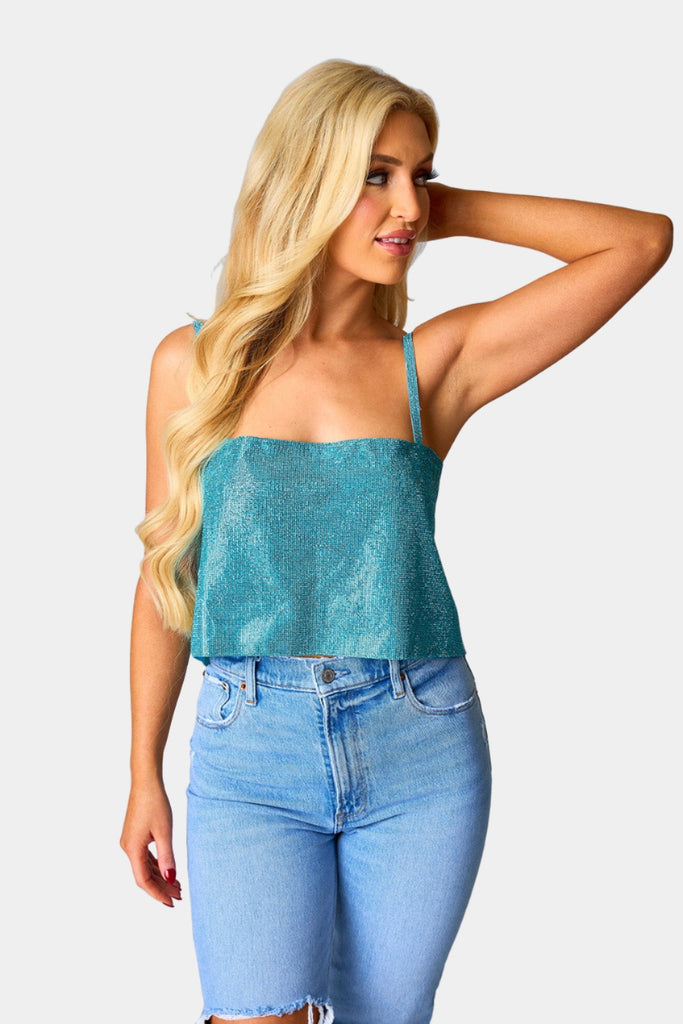 Select Sustainable Wearable Women's Apparel,Women, T-Shirts & Tops, Tank Tops - Clothing Shop OnlineGirly Girl Rhinestone Crop Top - Turquoise