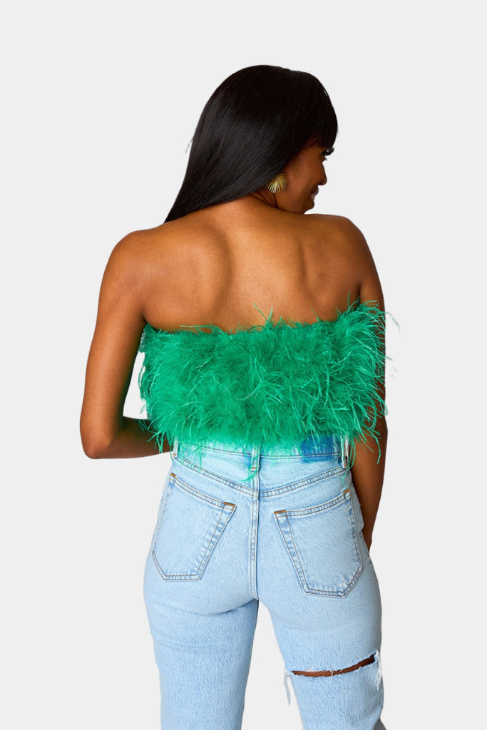 Select Sustainable Wearable Women's Apparel,Women, T-Shirts & Tops, Tank Tops - Clothing Shop OnlineFancy Strapless Feather Crop Top - Green