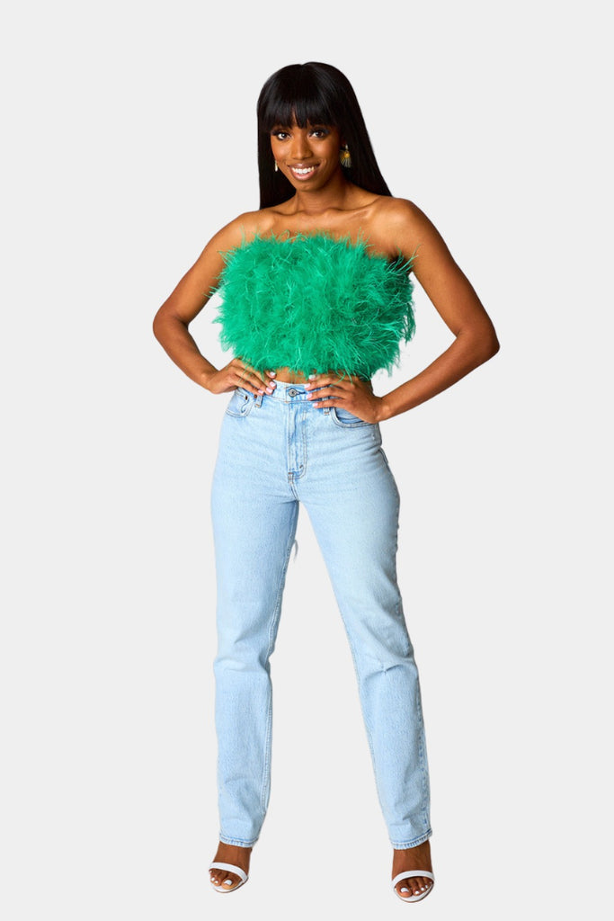 Select Sustainable Wearable Women's Apparel,Women, T-Shirts & Tops, Tank Tops - Clothing Shop OnlineFancy Strapless Feather Crop Top - Green