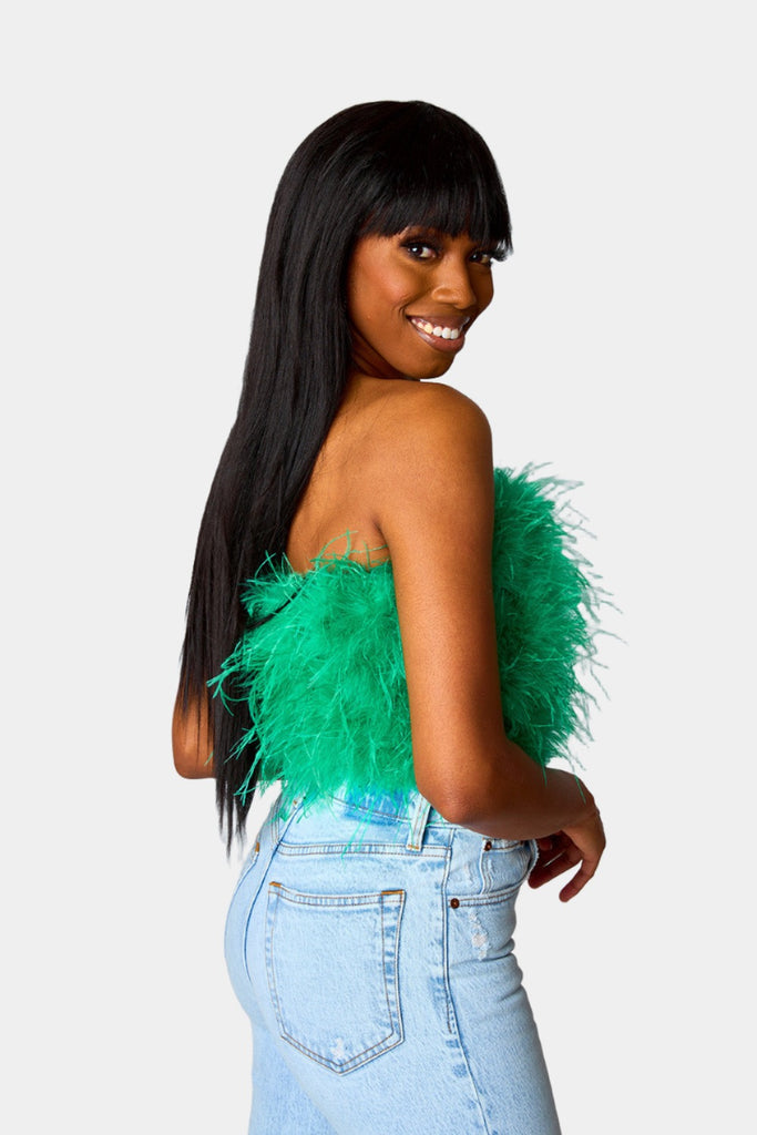 Select Sustainable Wearable Women's Apparel,Women, T-Shirts & Tops, Tank Tops - Clothing Shop OnlineFancy Strapless Feather Crop Top - Green