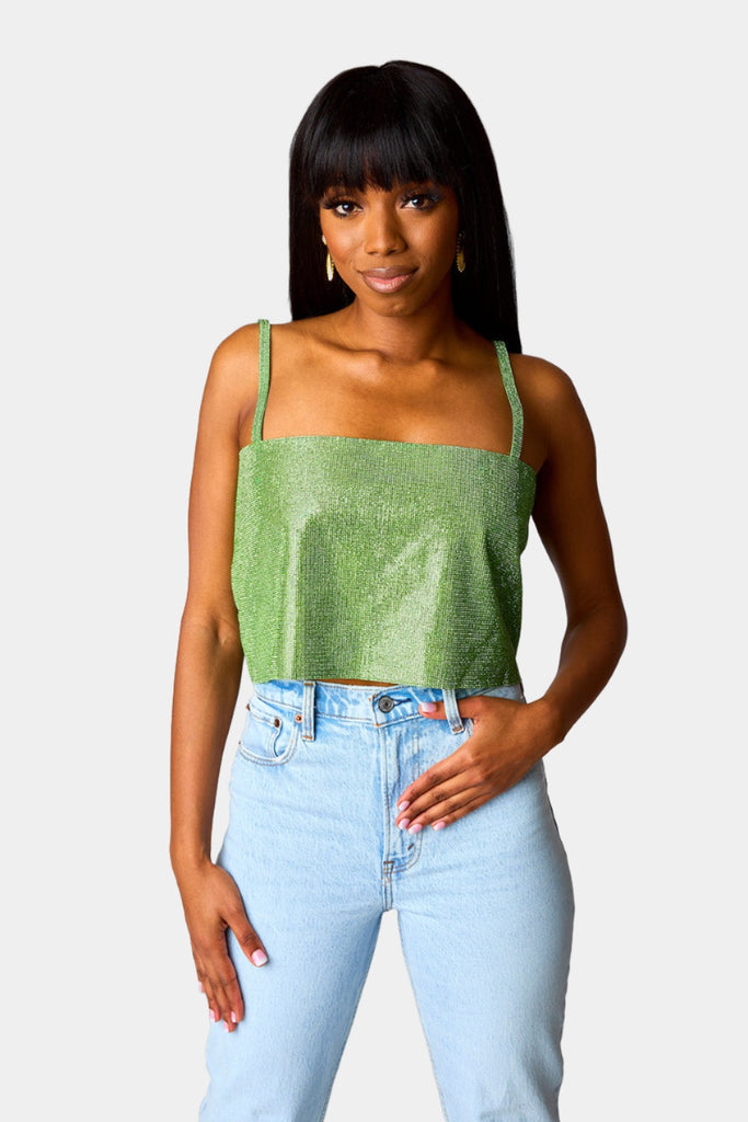 Select Sustainable Wearable Women's Apparel,Women, T-Shirts & Tops, Tank Tops - Clothing Shop OnlineGirly Girl Rhinestone Crop Top - Emerald