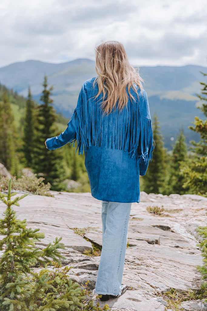 Select Sustainable Wearable Women's Apparel,Women, T-Shirts & Tops, Tank Tops - Clothing Shop OnlineDutton Fringe Suede Jacket - Navy