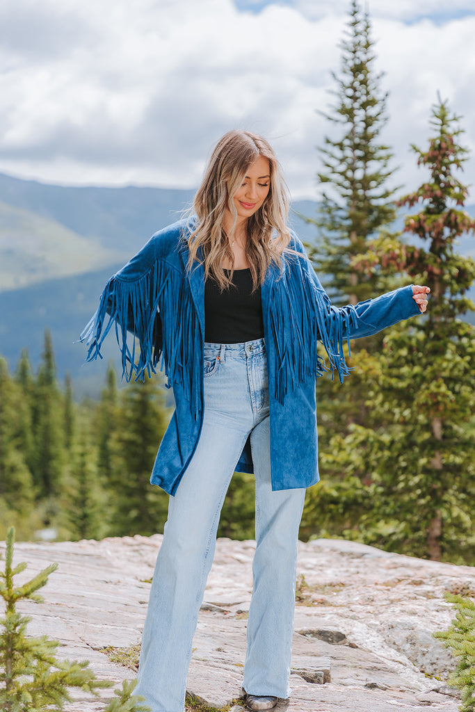 Select Sustainable Wearable Women's Apparel,Women, T-Shirts & Tops, Tank Tops - Clothing Shop OnlineDutton Fringe Suede Jacket - Navy