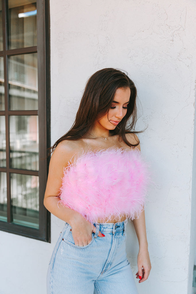 Select Sustainable Wearable Women's Apparel,Women, T-Shirts & Tops, Tank Tops - Clothing Shop OnlineFancy Strapless Feather Crop Top - Baby Pink