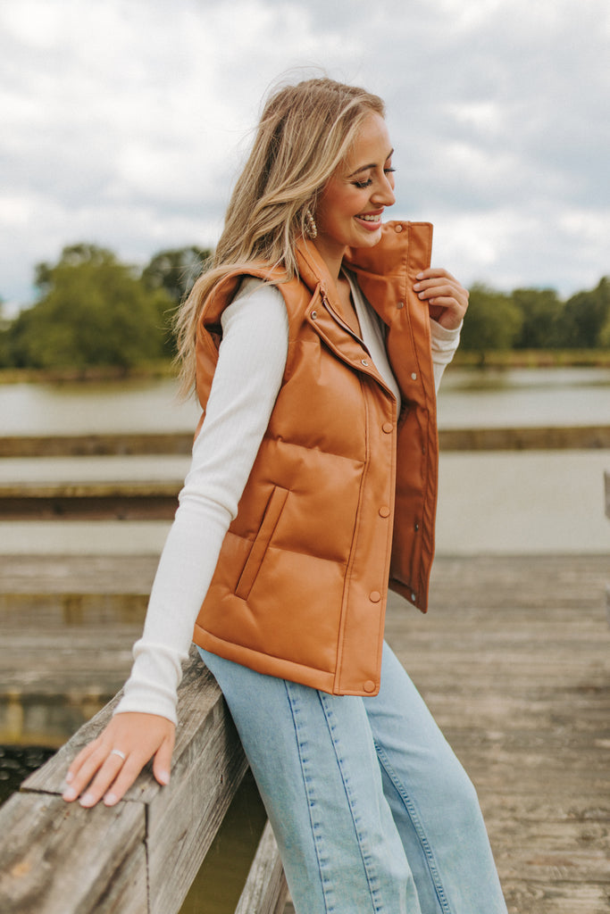 Select Sustainable Wearable Women's Apparel,Women, T-Shirts & Tops, Tank Tops - Clothing Shop OnlineHelen Vegan Leather Puffer Vest - Toffee