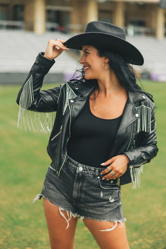 Select Sustainable Wearable Women's Apparel,Women, T-Shirts & Tops, Tank Tops - Clothing Shop OnlineRife Crystal Fringe Vegan Leather Jacket - Black