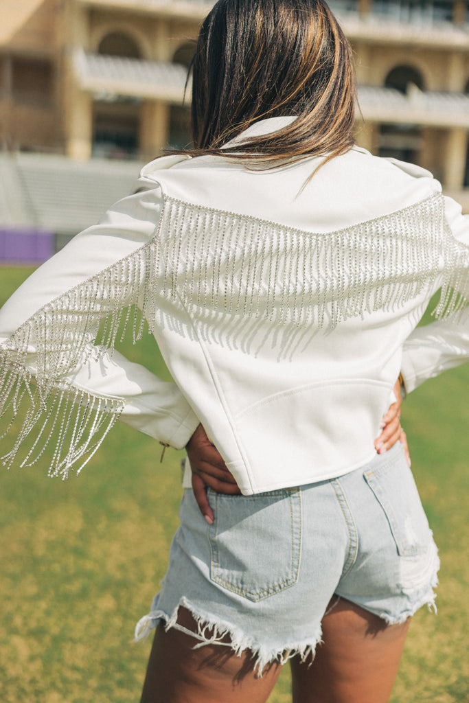 Select Sustainable Wearable Women's Apparel,Women, T-Shirts & Tops, Tank Tops - Clothing Shop OnlineRife Crystal Fringe Vegan Leather Jacket - White