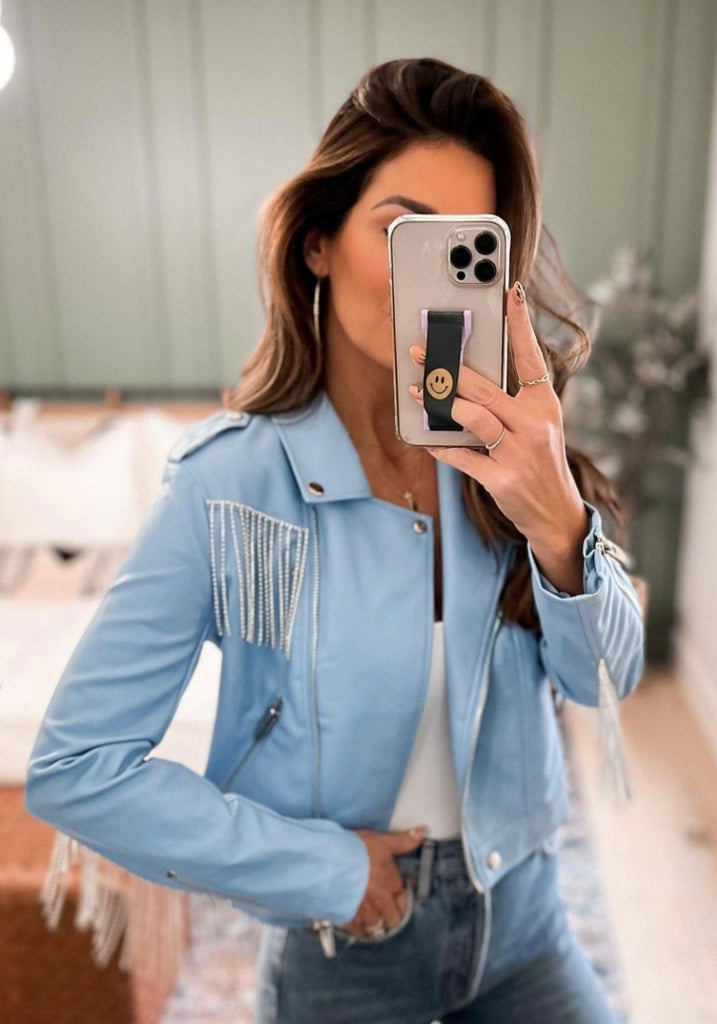 Select Sustainable Wearable Women's Apparel,Women, T-Shirts & Tops, Tank Tops - Clothing Shop OnlineRife Crystal Fringe Vegan Leather Jacket - Baby Blue