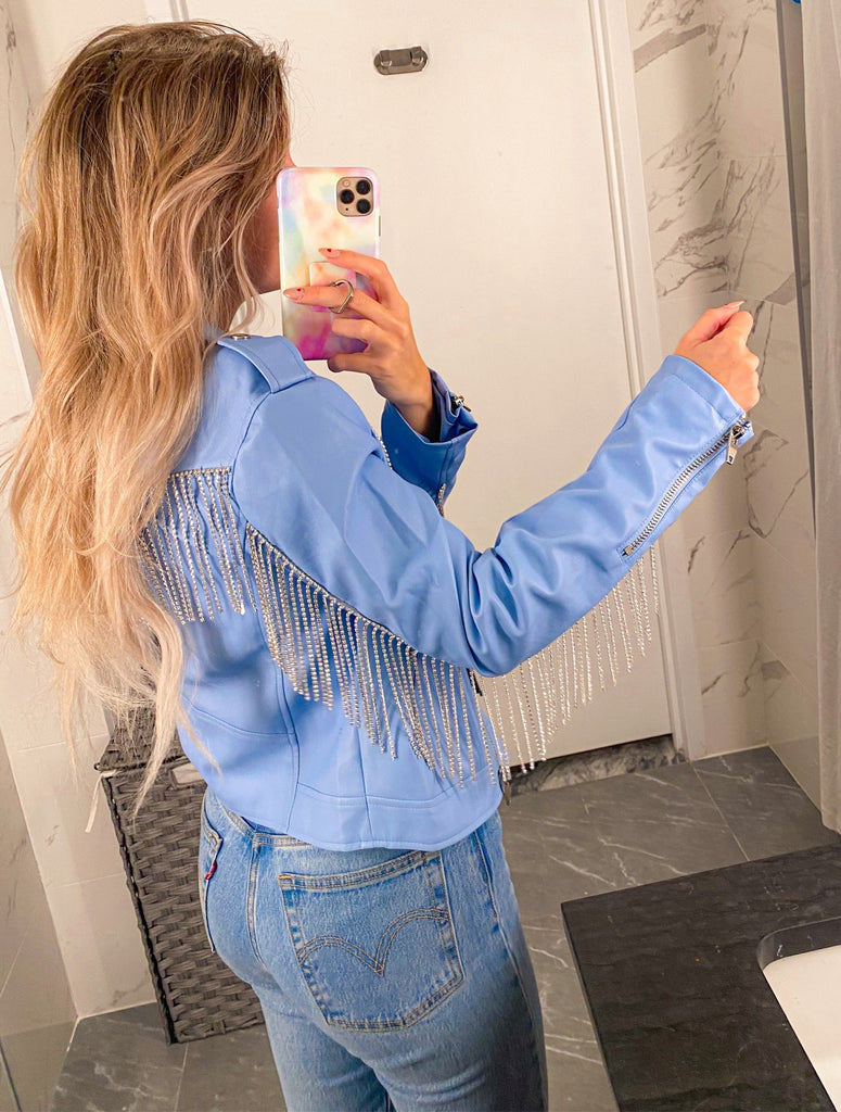Select Sustainable Wearable Women's Apparel,Women, T-Shirts & Tops, Tank Tops - Clothing Shop OnlineRife Crystal Fringe Vegan Leather Jacket - Baby Blue