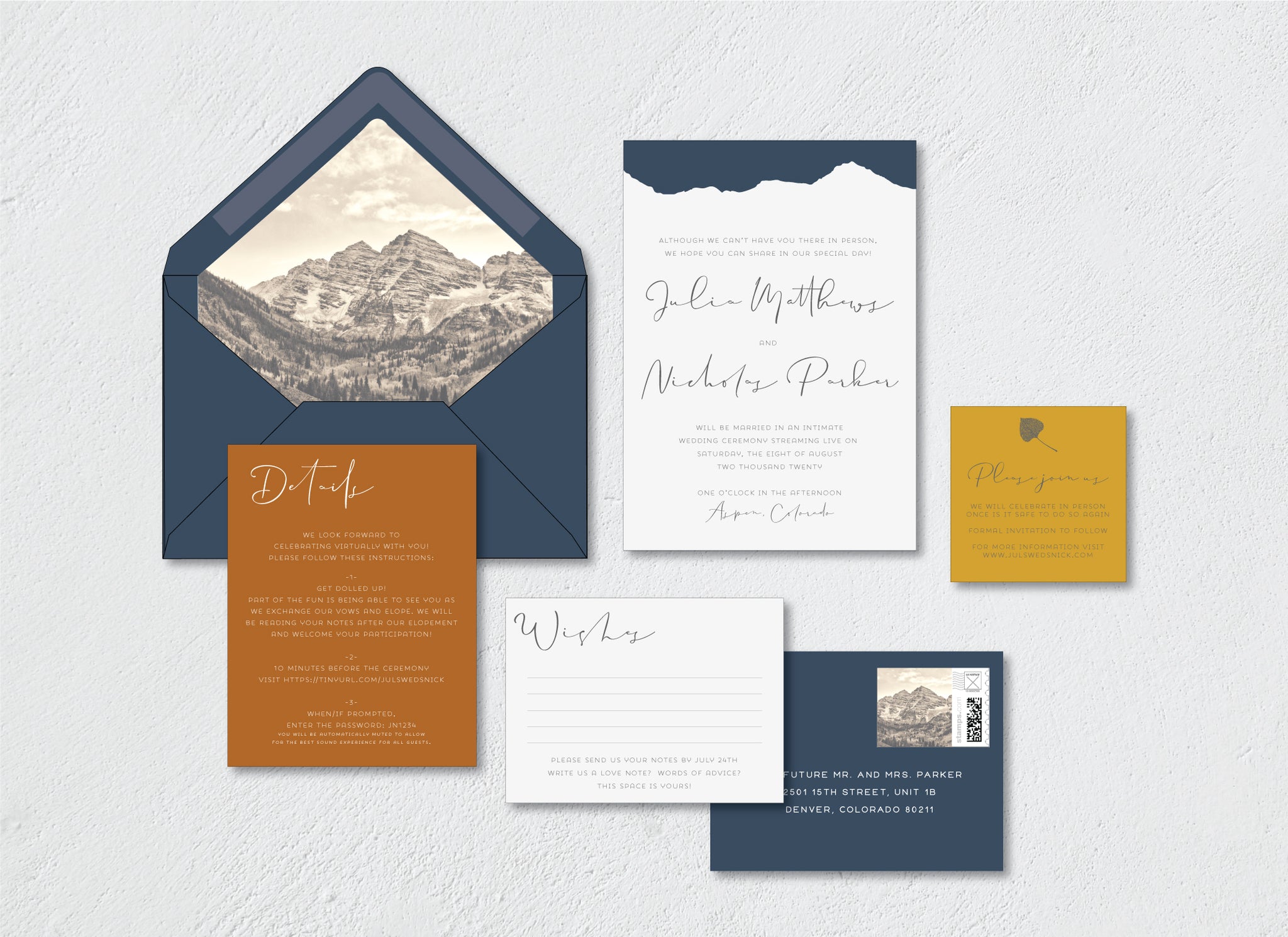 Lucky Onion Aspen Mountain Virtual Wedding Elopement Invitation Stationery Suite in Coronavirus Times
