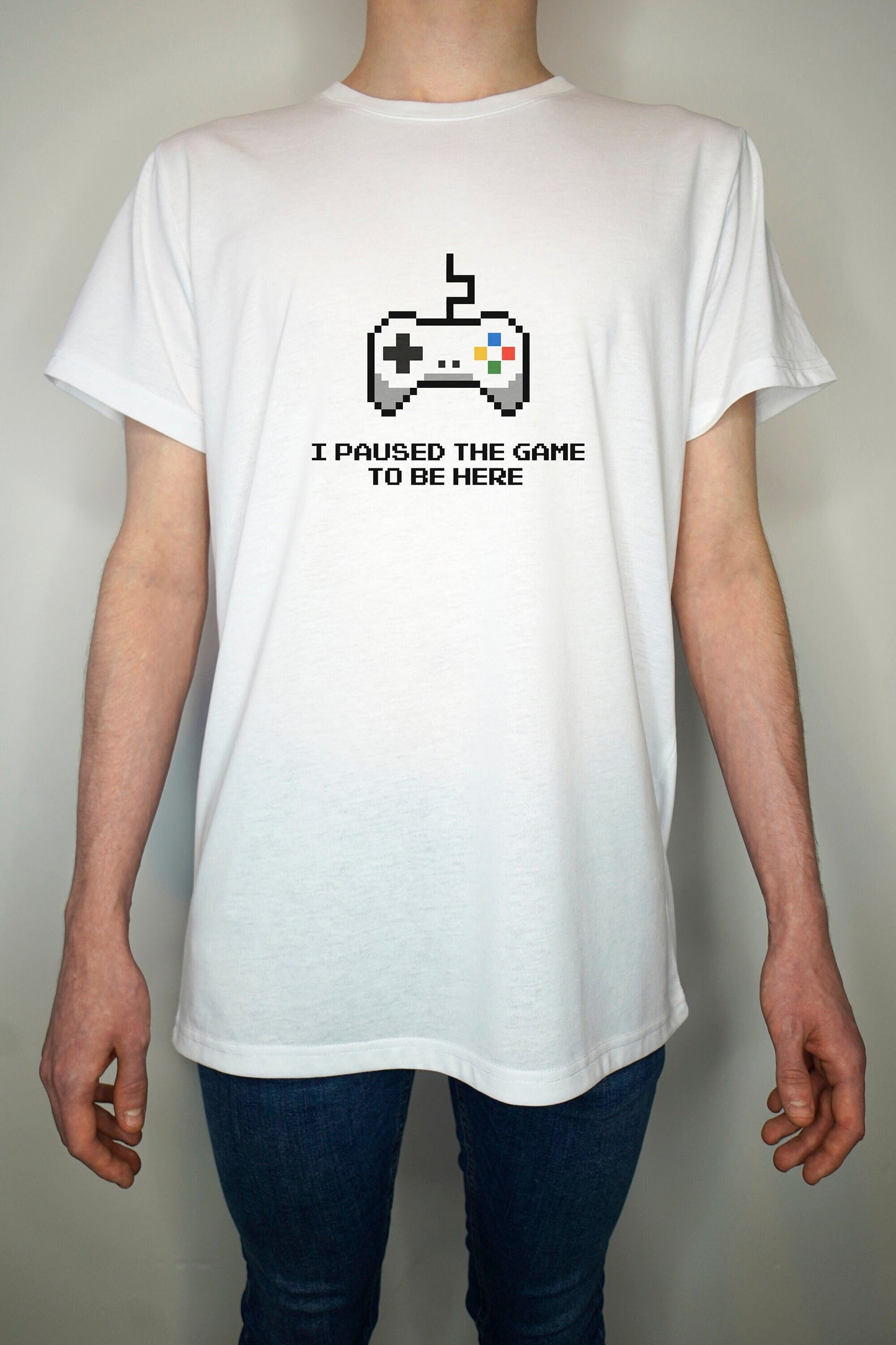 Gamer T shirt - Paused the game to be here -  8bit cartoon gamer - Premium Quality Summer Light weight 65/35 Polyester Cotton