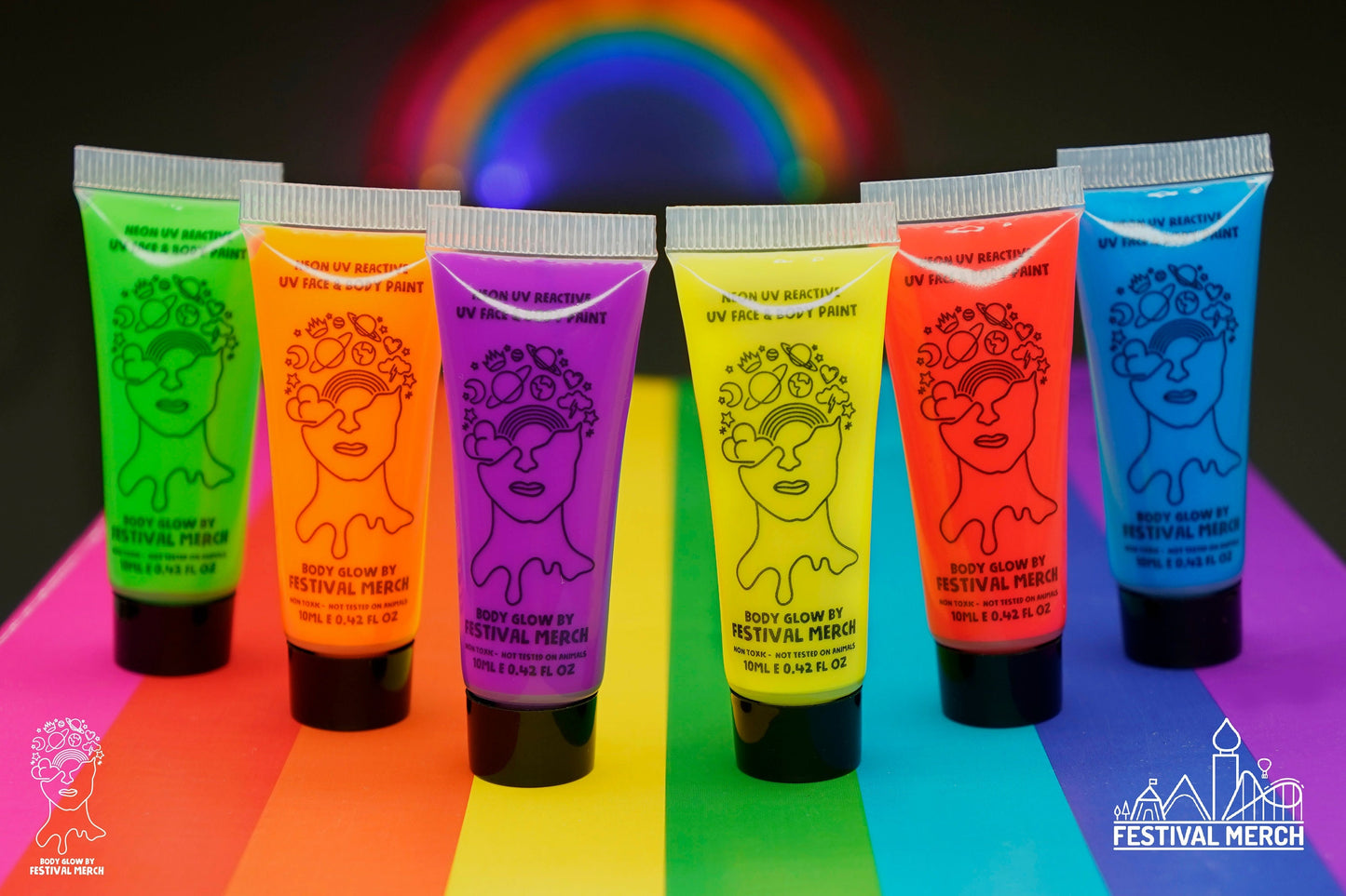 Vibrant UV face paint - Set of 6 Colours - Neon face and body paint - Pride Paint Festival Paint Rave Paint UV Reactive Halloween rainbow