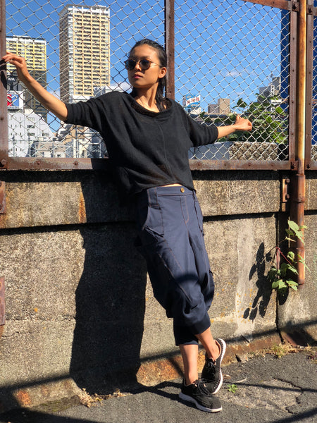 Denim style harem pants - Low crotch - Boat neck cropped top